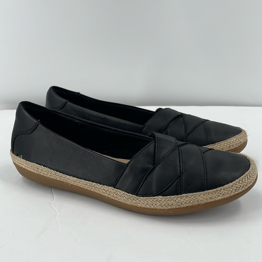 Clarks Danelly Navy Blue Leather Slip On Espadrille Skimmer Woven Loafer 9.5